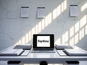 a laptop on a table with papers on it