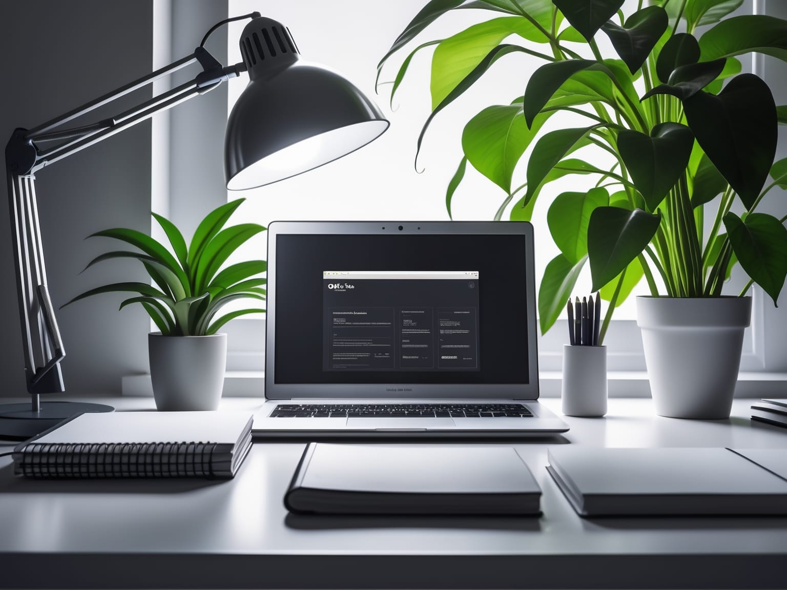 a laptop on a desk with plants in pots