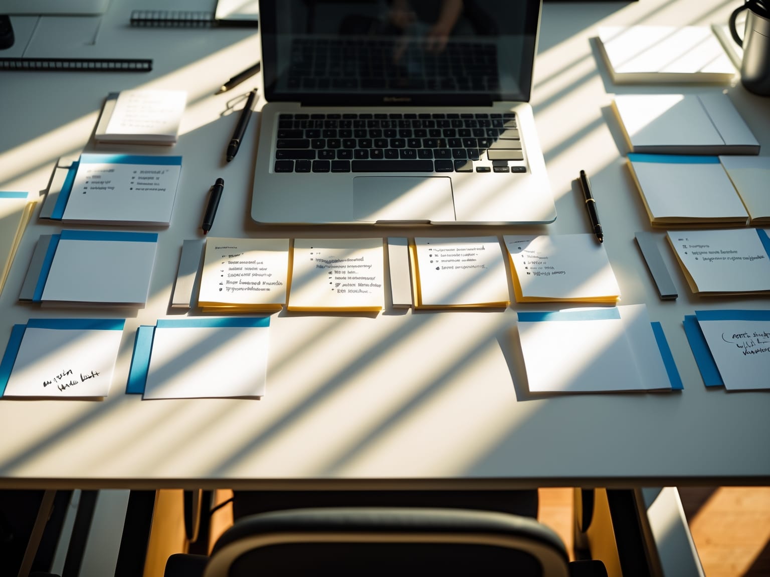 a laptop on a table with papers and pens