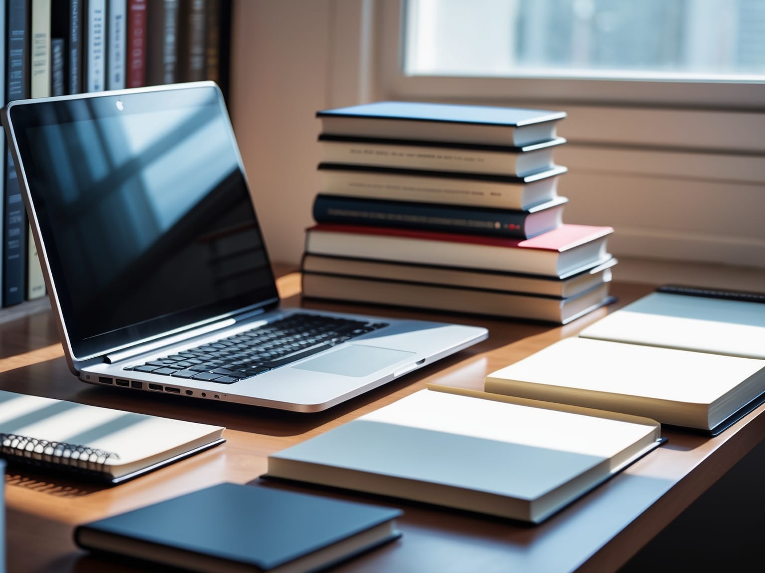 a laptop and books on a desk